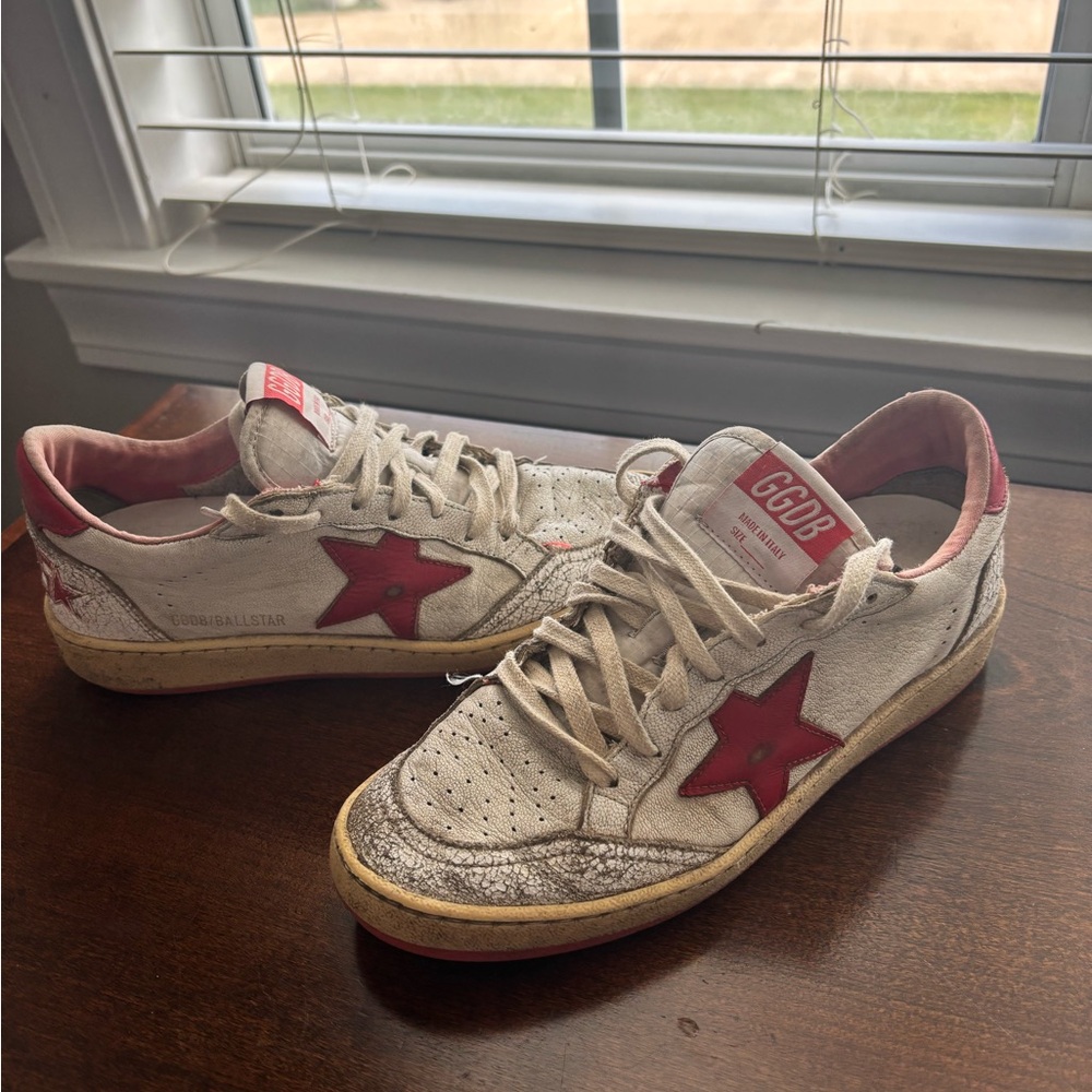 Golden Goose White and Red Distressed Sneakers